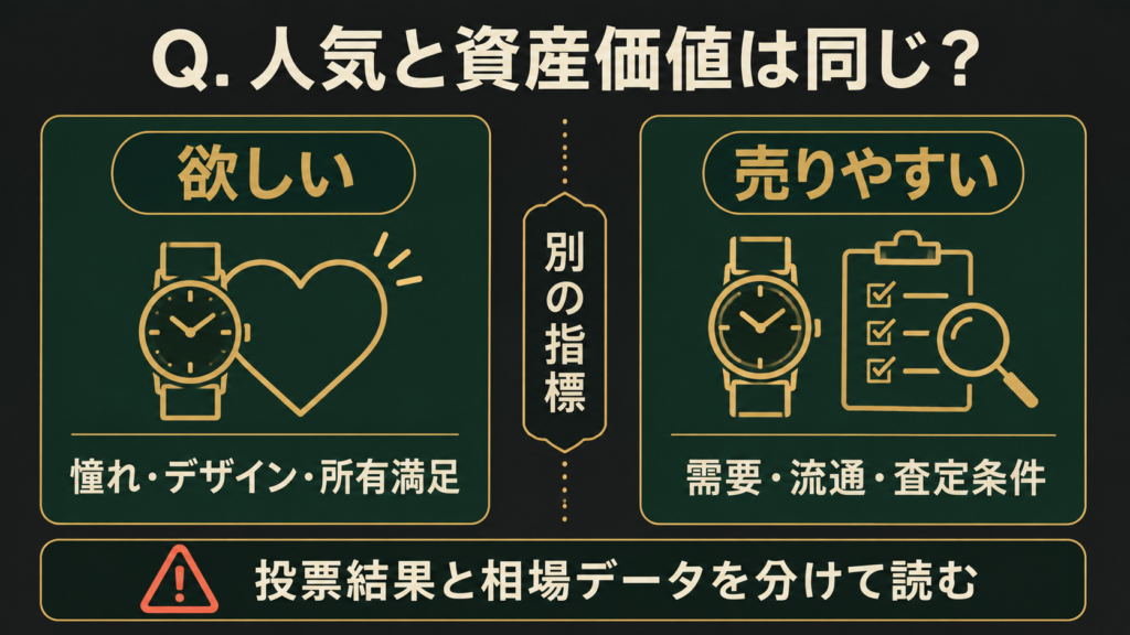 欲しい時計と売りやすい時計の違いを人気と資産価値の二軸で示す図解