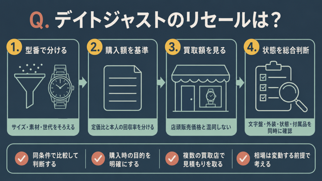 デイトジャストのリセールを型番・購入額・買取額・状態で判断する四段階の図解