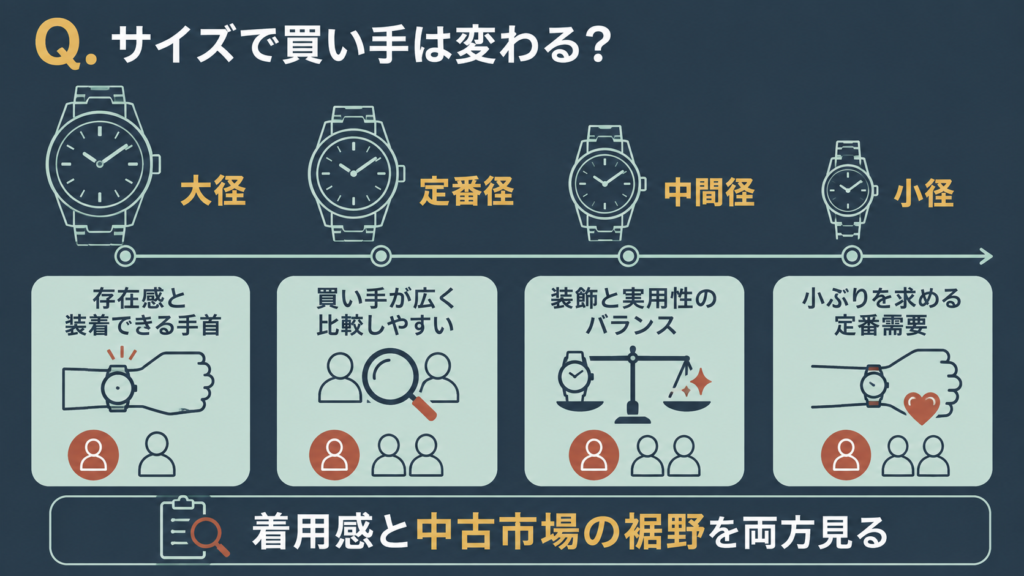 大径・定番径・中間径・小径の腕時計サイズと買い手の違いを示す図解