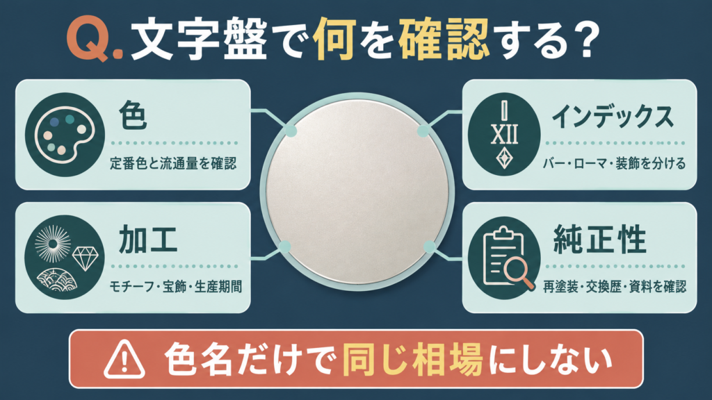 腕時計の文字盤を色・インデックス・加工・純正性から確認する図解