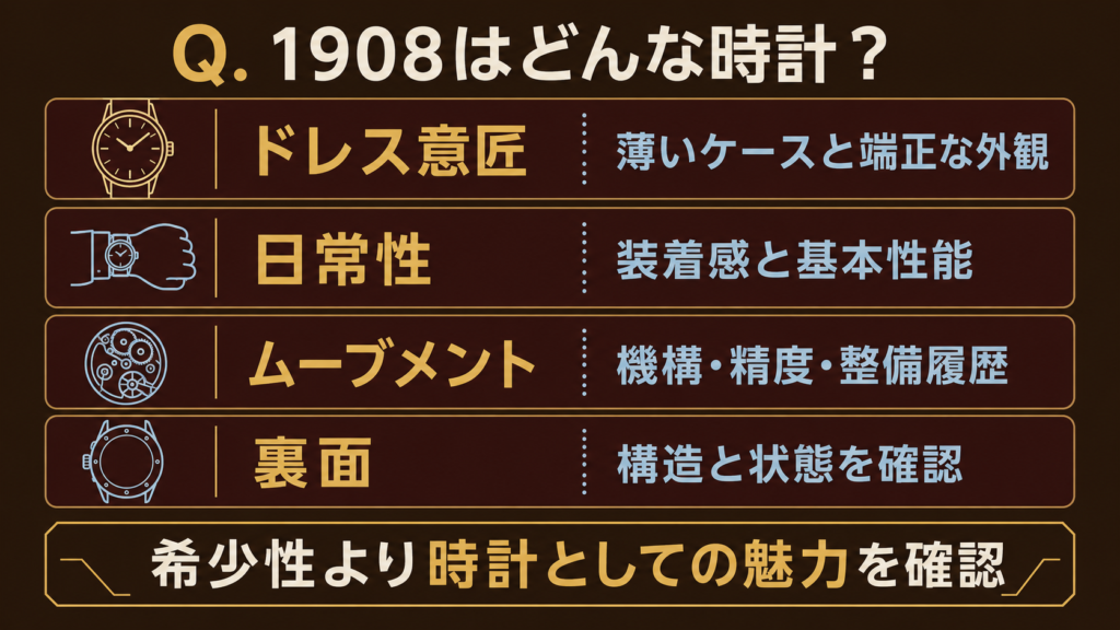 1908の特徴をドレス意匠・日常性・ムーブメント・裏面で確認する図解