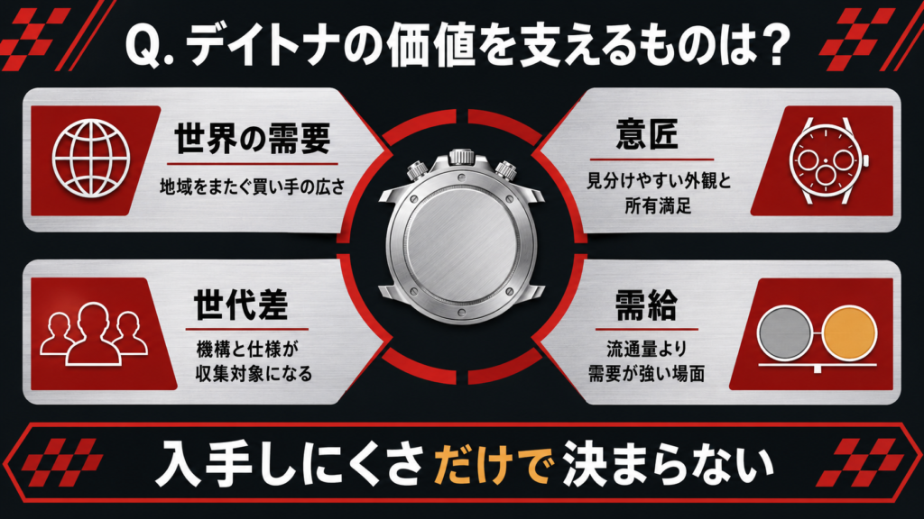 デイトナの価値を世界需要・意匠・世代差・需給で整理した図解