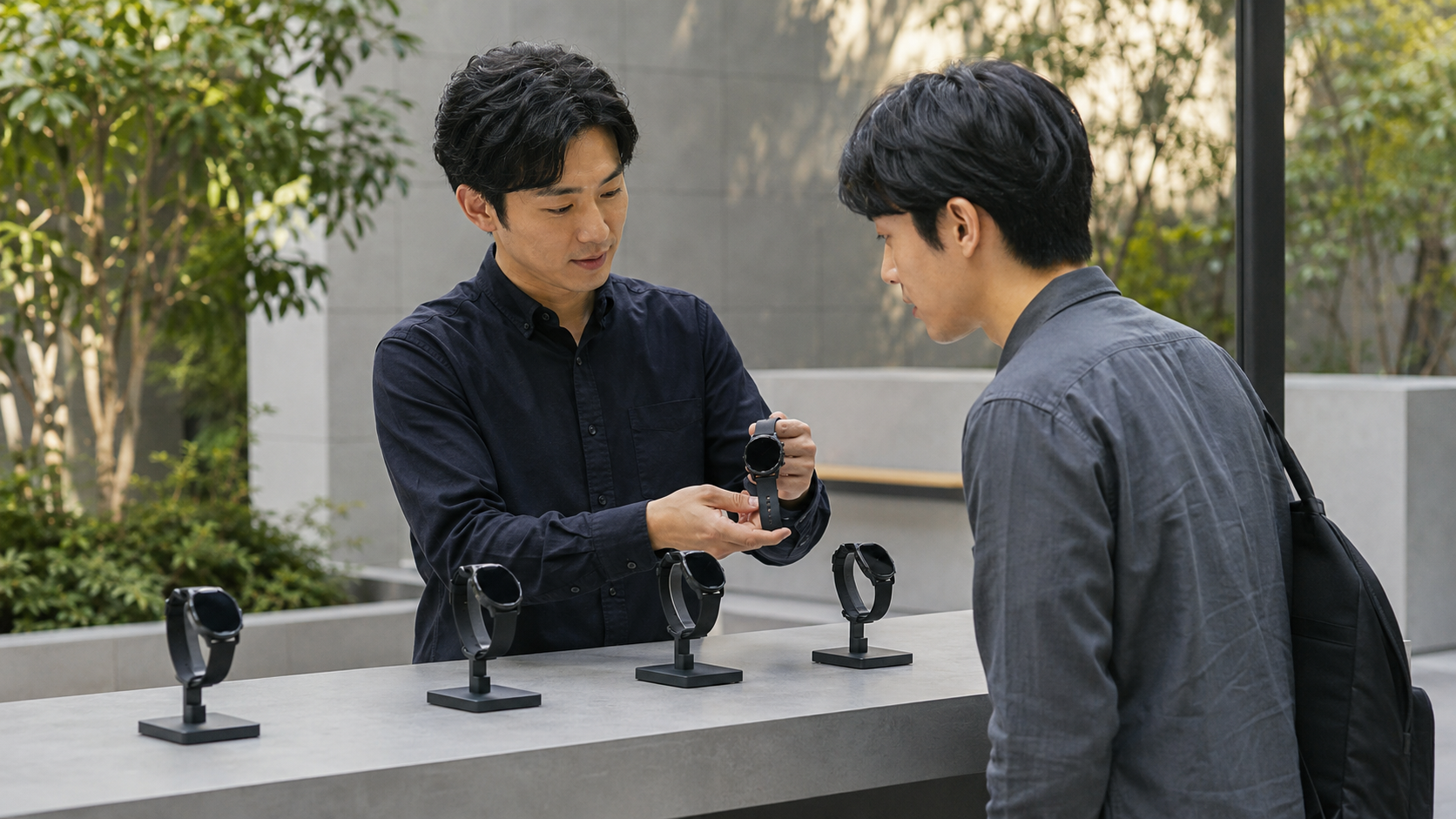 店頭で現行の堅牢なスマートウォッチを確認する日本人