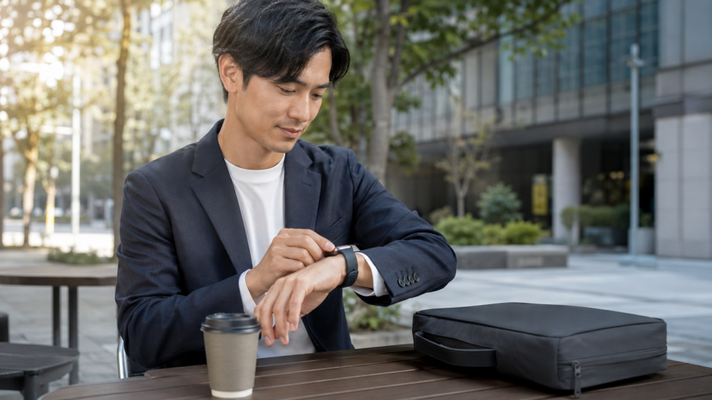 通勤時にコンパクトな堅牢スマートウォッチを着ける日本人