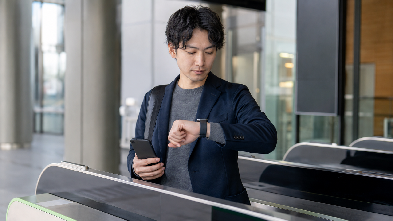 スマートフォンとスマートウォッチの連携を確認しながら駅を利用する日本人
