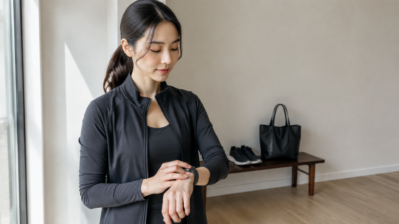 小さく軽いスマートウォッチを日常の装いに合わせる日本人女性