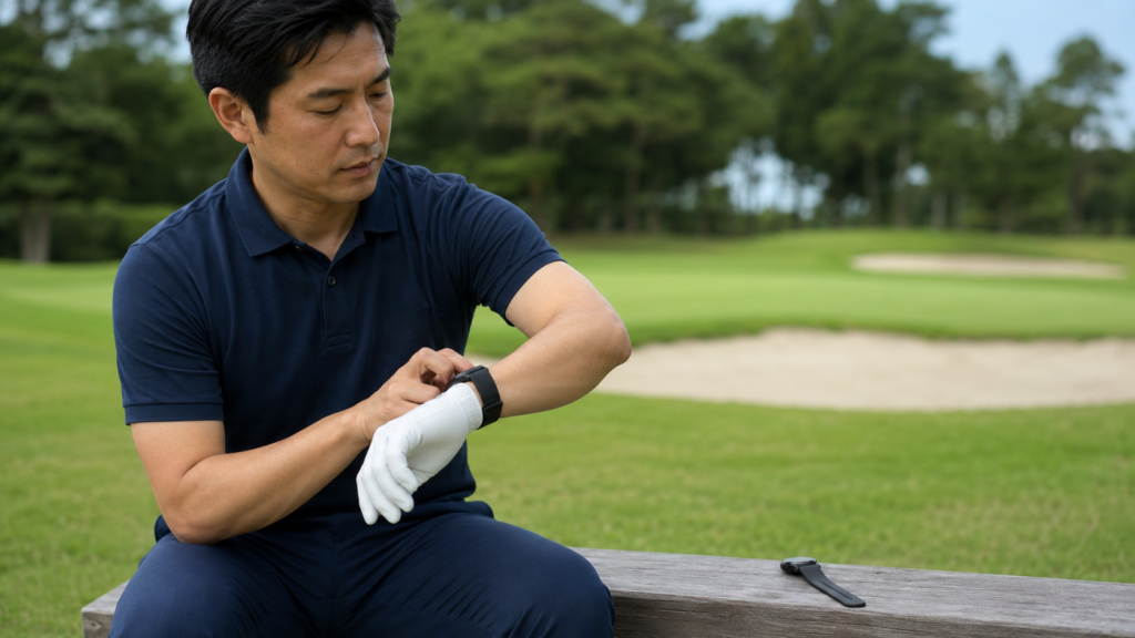 ゴルフ場でスマートウォッチの操作しやすさを確かめる日本人