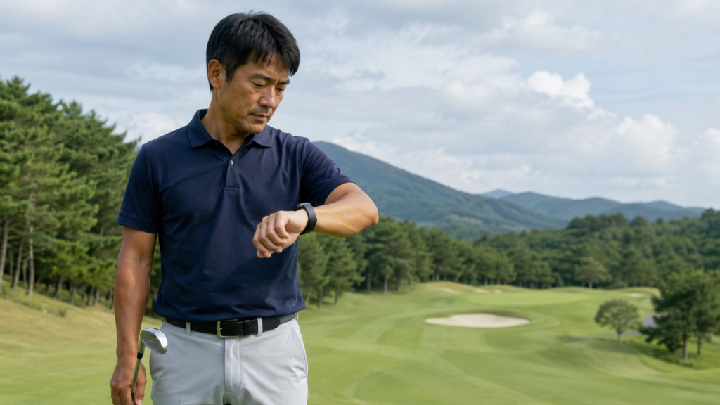 フェアウェイからグリーンを見ながらスマートウォッチを確認する日本人