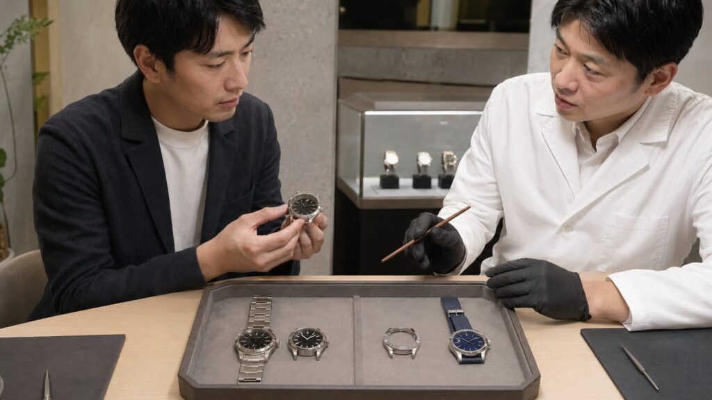 ウブロのオーバーホールで外装仕上げと部品交換を相談する場面
