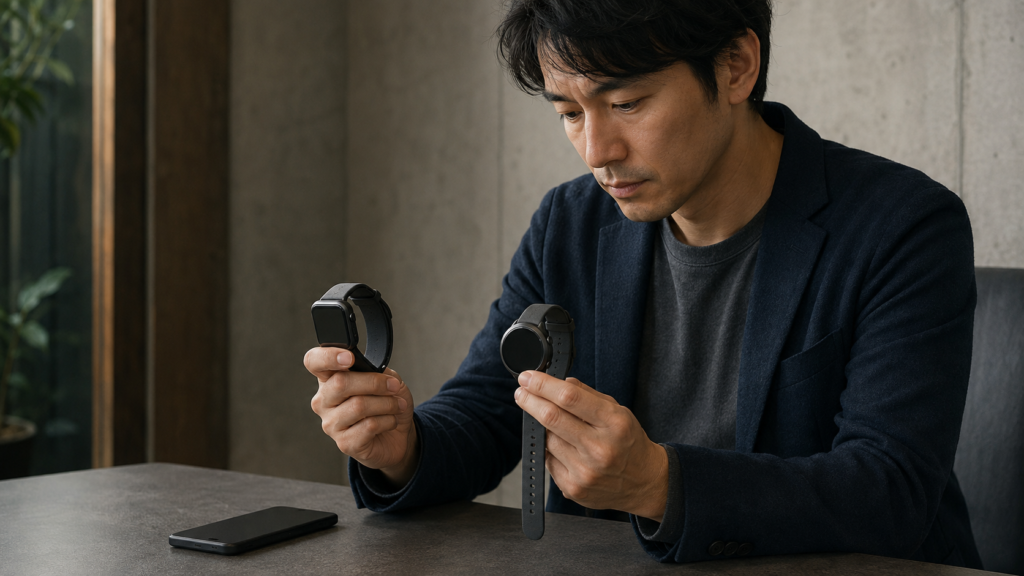 スマートウォッチとiPhoneを接続し通知や通話の対応範囲を確認する日本人
