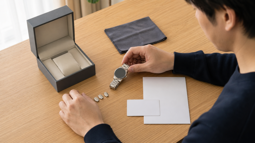 高価買取に向けた付属品整理をイメージした、鑑定前の腕時計と付属品整理