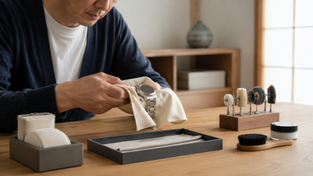 白樺を売る前の安全な準備をイメージした、柔らかな布に守られる高級時計
