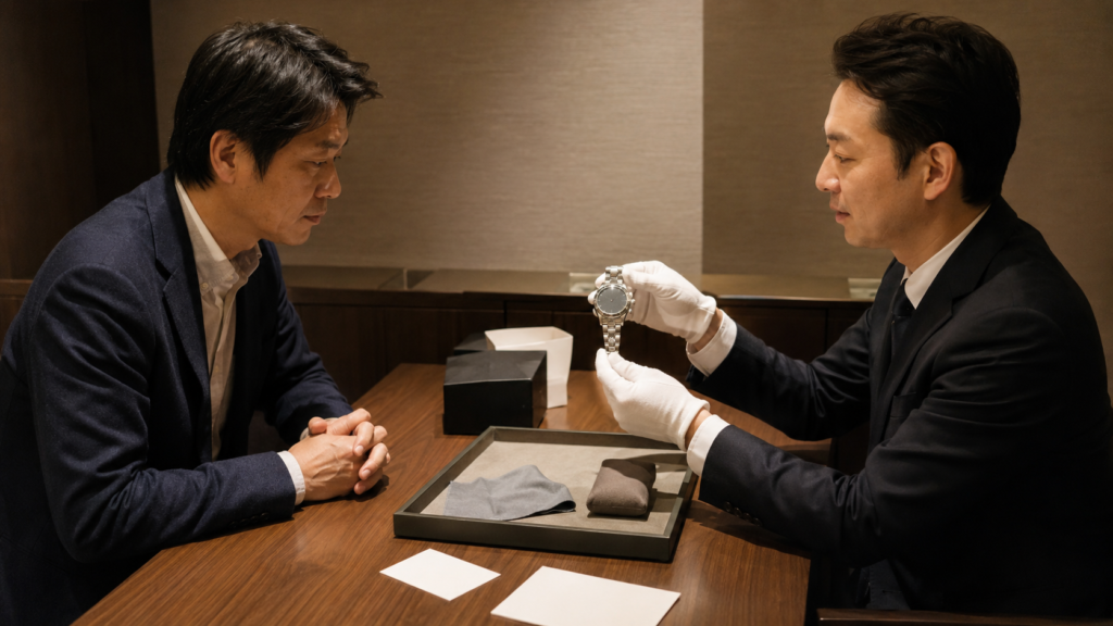 買取と委託販売の比較をイメージした、時計鑑定の静かな相談風景