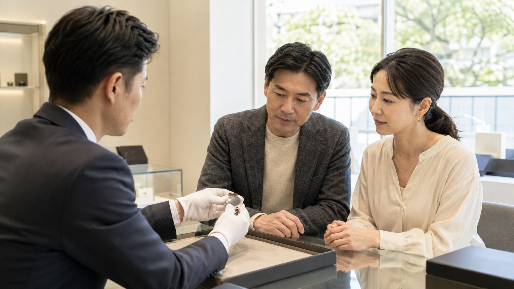 ロレックス買取店の選び方をイメージした、夫婦と専門家の高級時計鑑定