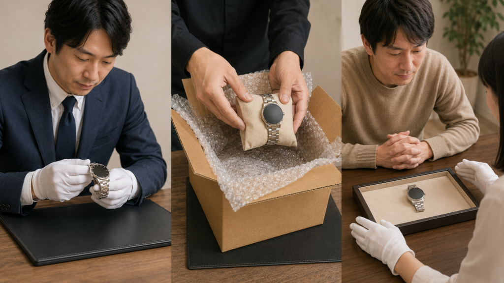査定先の種類を比較をイメージした、腕時計査定の三つの情景

