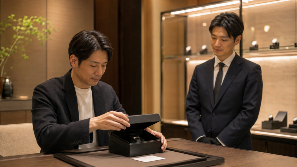 査定だけ利用する手順をイメージした、査定カードを受け、ケースを閉じる