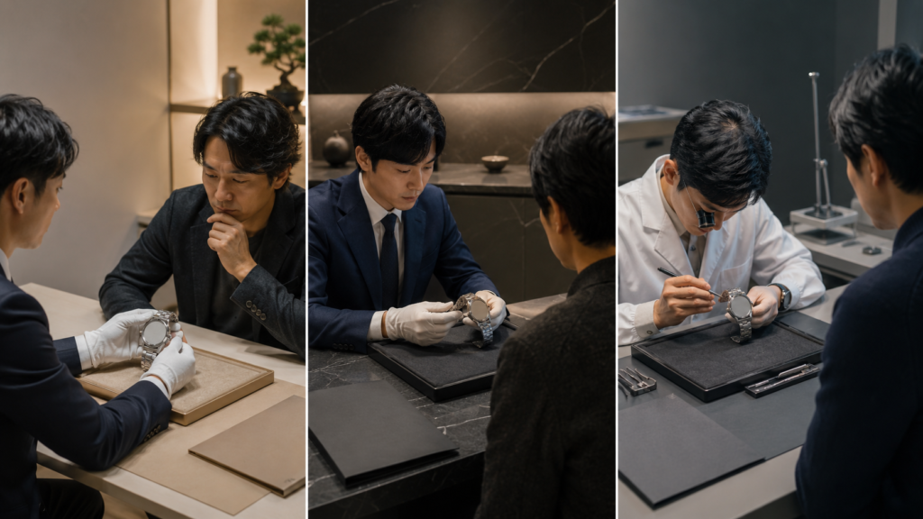 店舗ごとに査定額が違う理由をイメージした、同じ時計、三つの査定環境