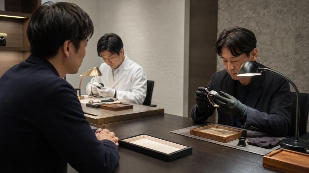 買取不可でも再査定する選択肢をイメージした、二つの鑑定台で腕時計を再評価