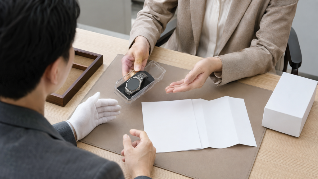 二十年前のロレックス査定をイメージした、整備済み腕時計と修理書類の査定風景