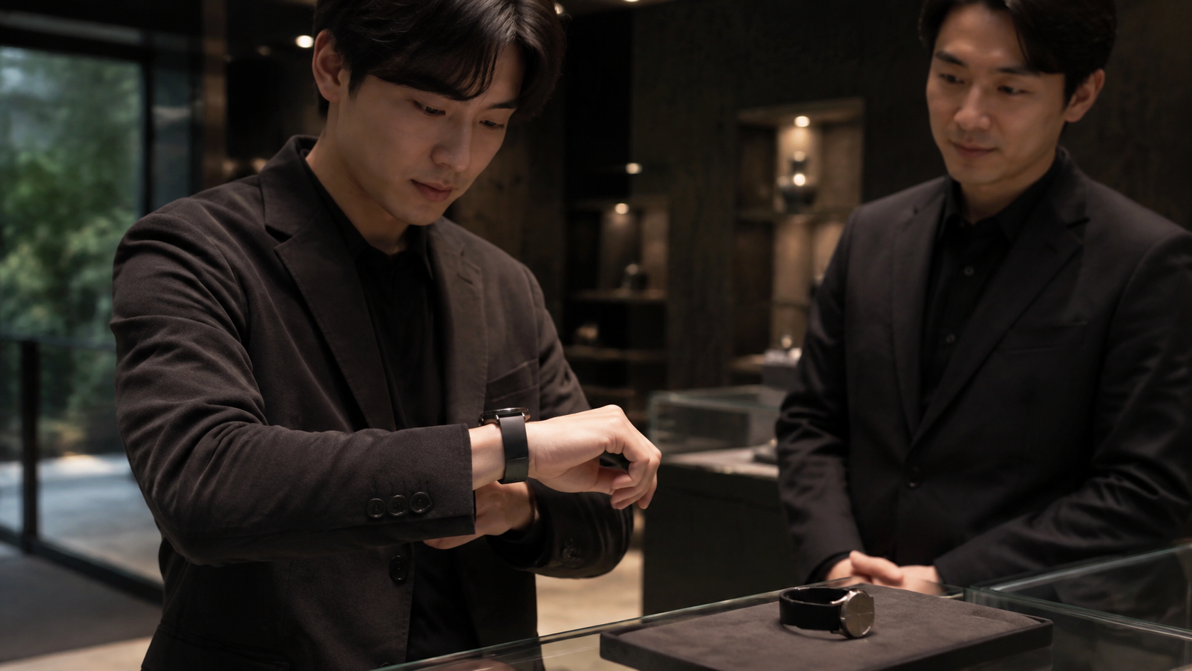 高級時計店でコネクテッドウォッチを試着する日本人