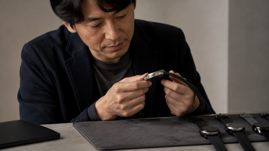 高級スマートウォッチの仕上げを手元で確認する日本人