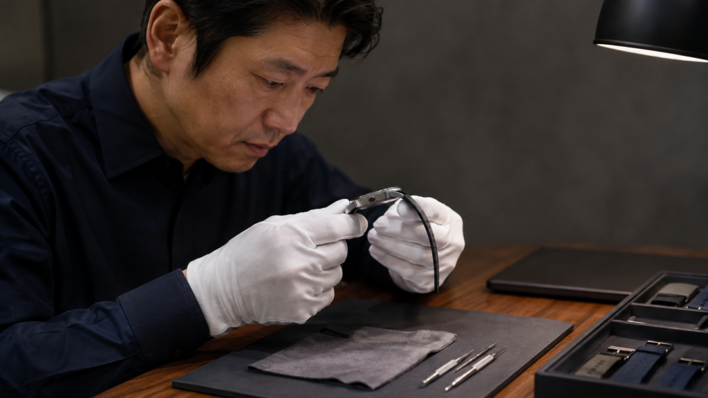 高級スマートウォッチのケースやベルトを丁寧に確認する日本人