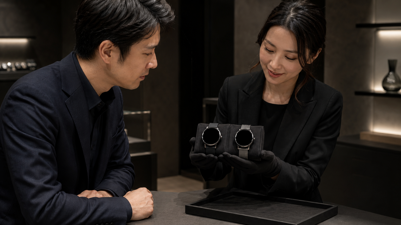 上質な空間で高級スマートウォッチを比較する日本人の時計愛好家
