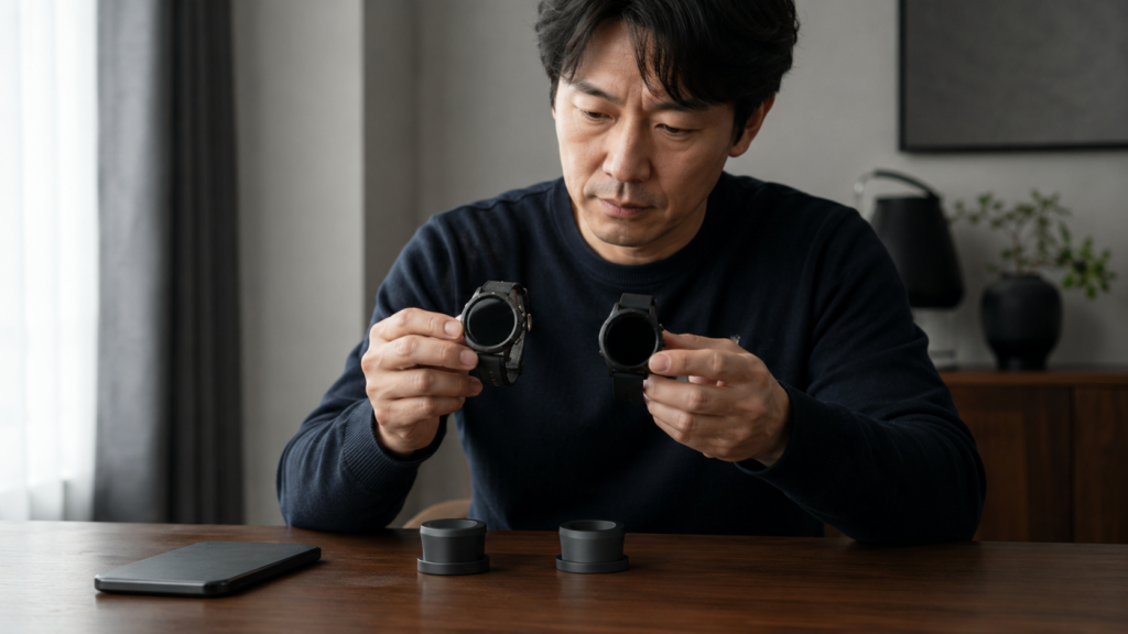 新旧の高級スマートウォッチと充電器を比較する日本人