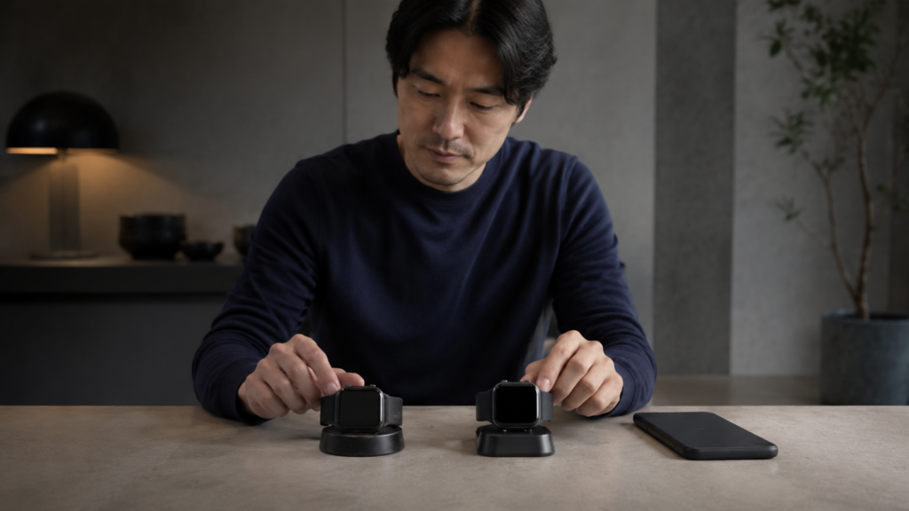 世代の異なる高級スマートウォッチと充電環境を比較する日本人