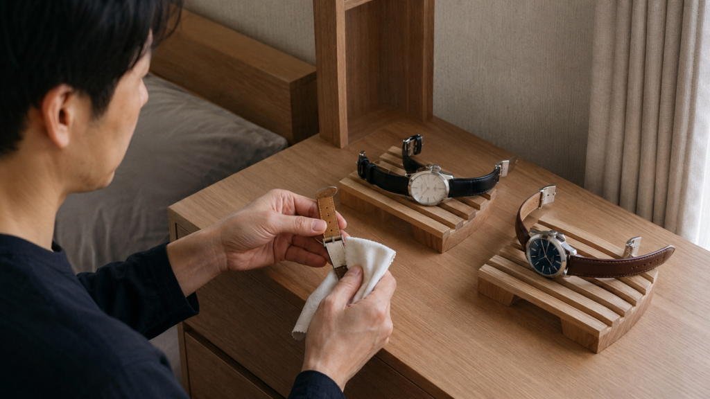 着用後の革ベルトを乾拭きし複数本を休ませるメンズ腕時計の手入れ