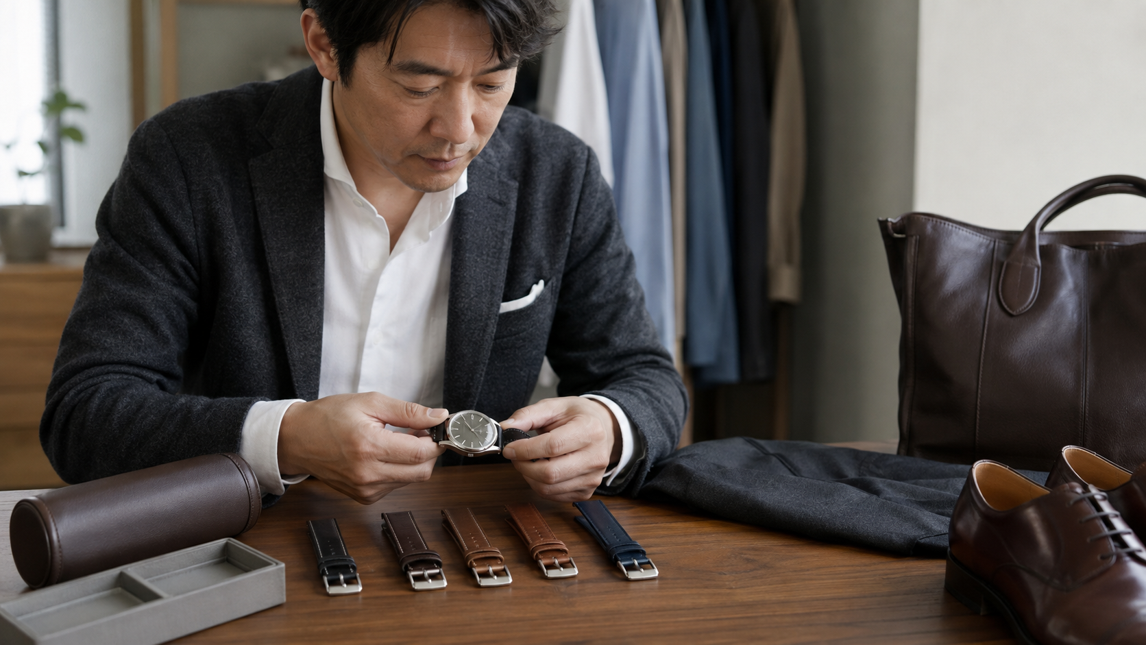 メンズ腕時計に合う黒や茶の革ベルトを服装と比較する日本人男性