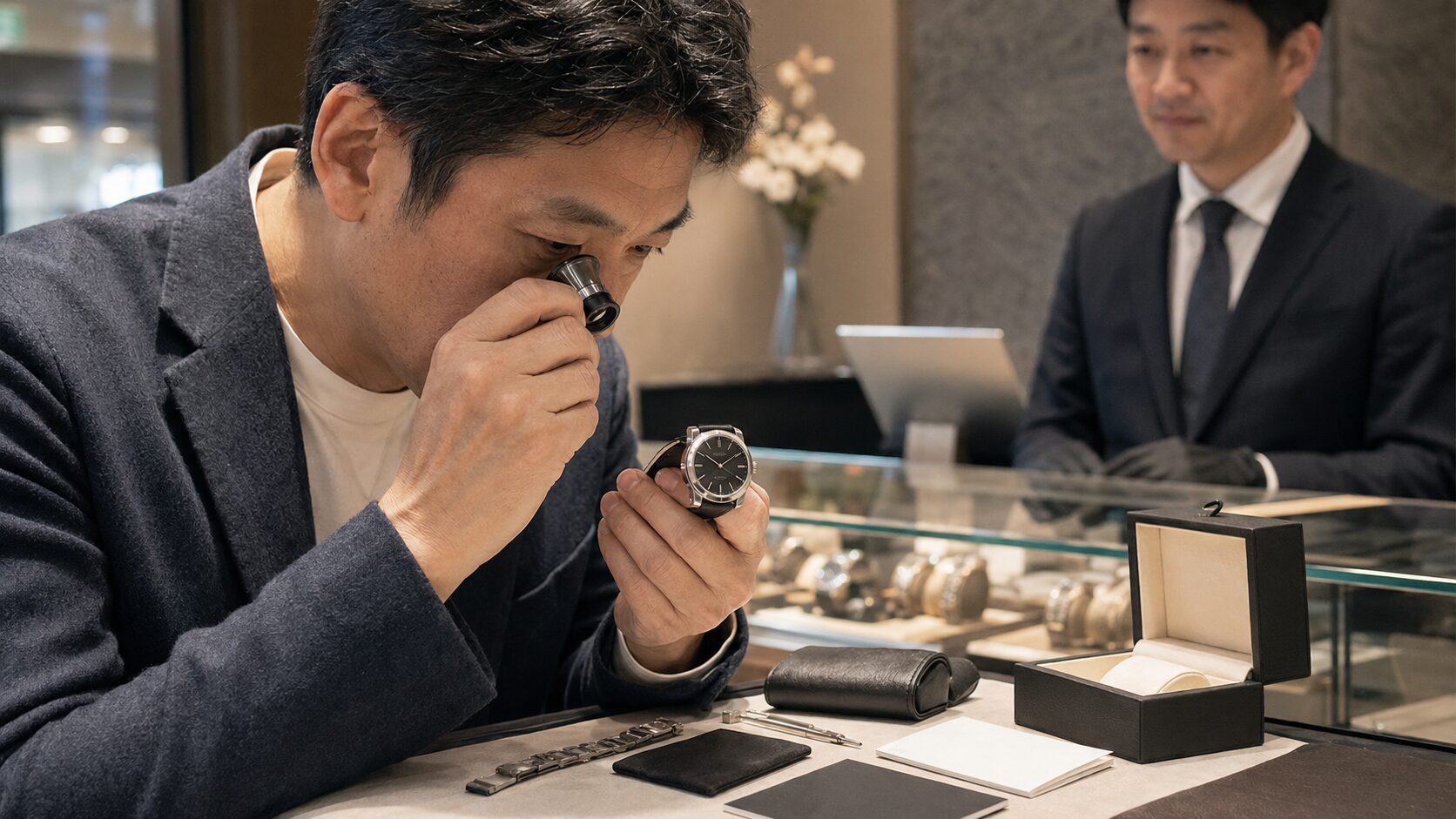 オーバーホール済み中古時計の整備明細と保証を確認する日本人男性