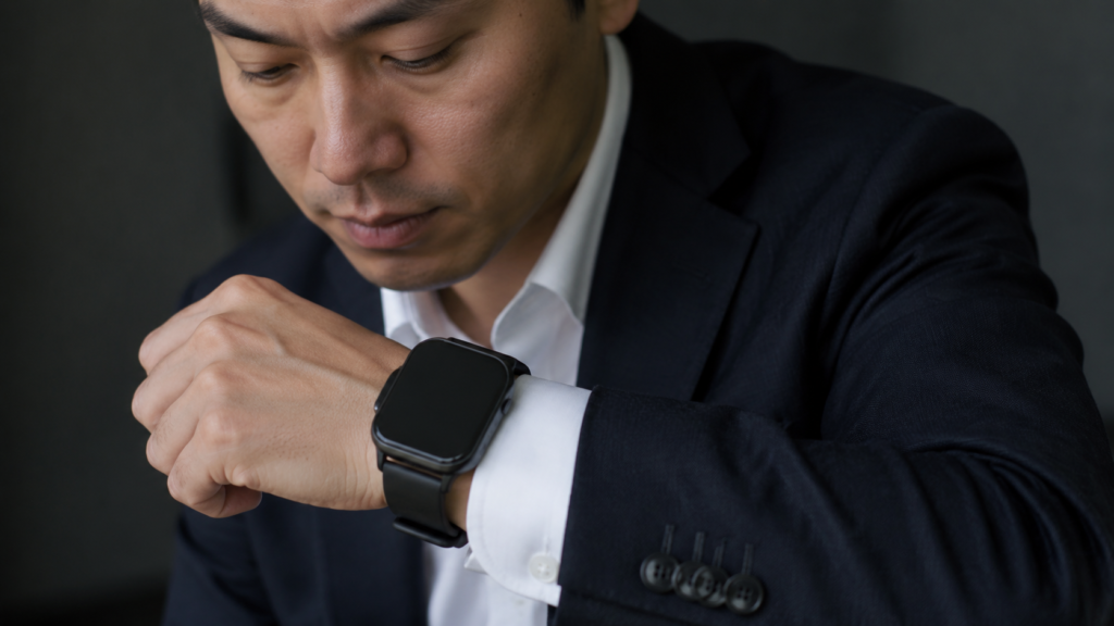 手首幅に対して大きすぎるスマートウォッチとシャツの袖の干渉を確認する場面
