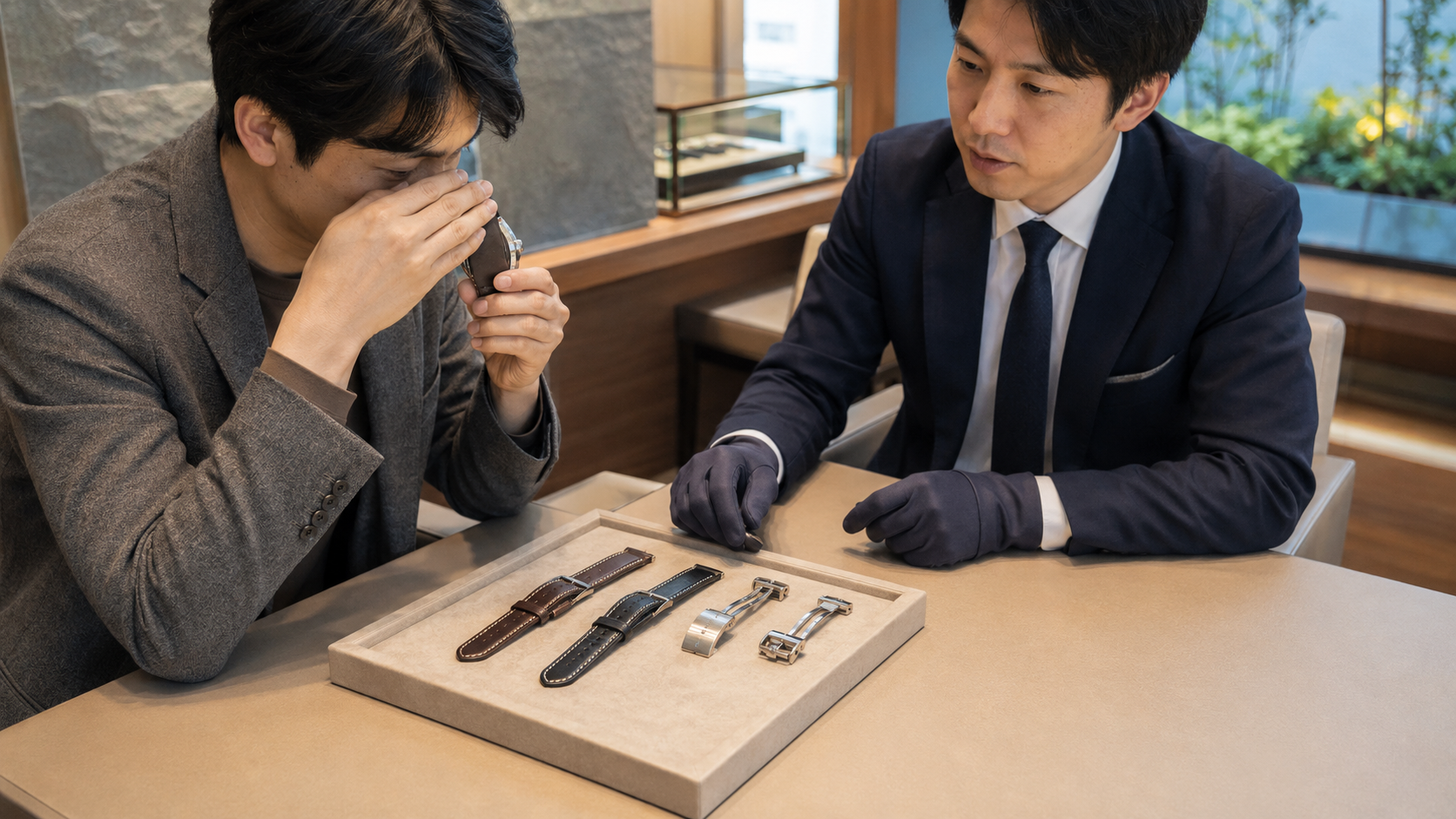 パネライ向けDバックルと厚手の革ベルトの適合を確認する日本人の時計所有者