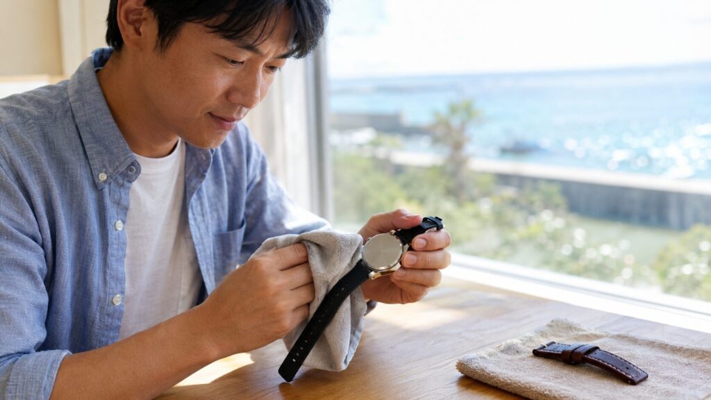 パネライのオーバーホール費用を抑えるため使用後の水分を拭き取る様子