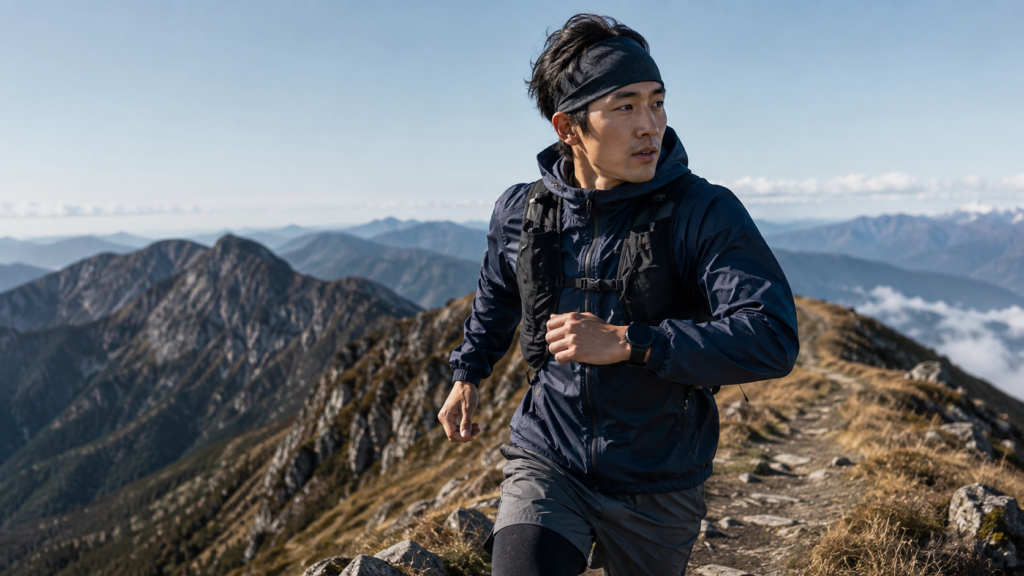 山道で堅牢なスマートウォッチを着けて走る日本人