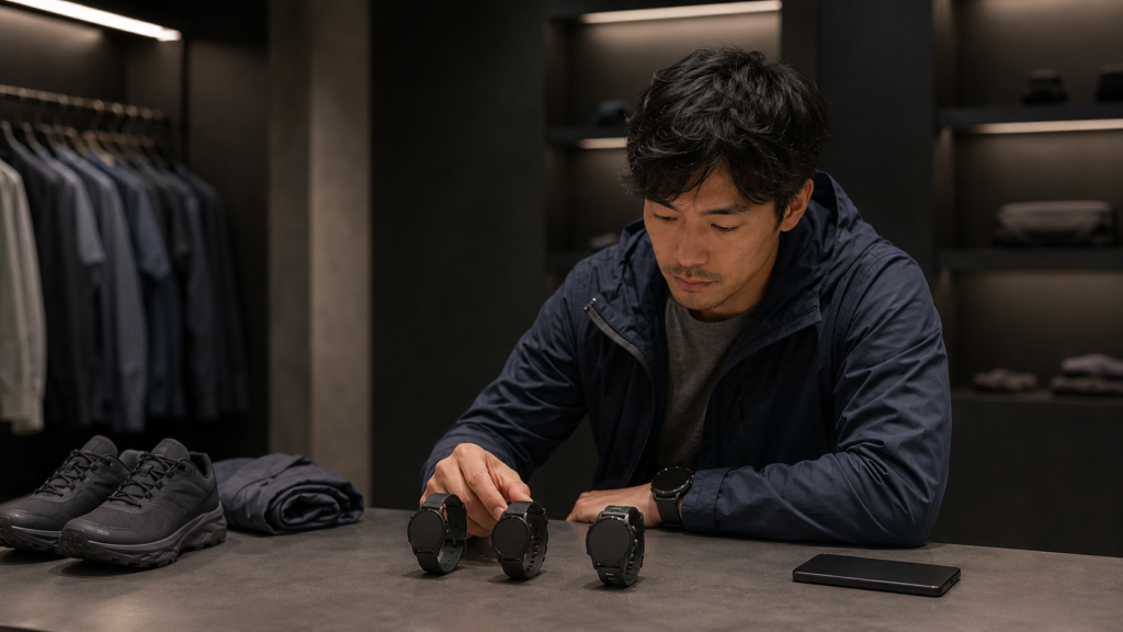 複数の堅牢なスマートウォッチを店頭で比較する日本人