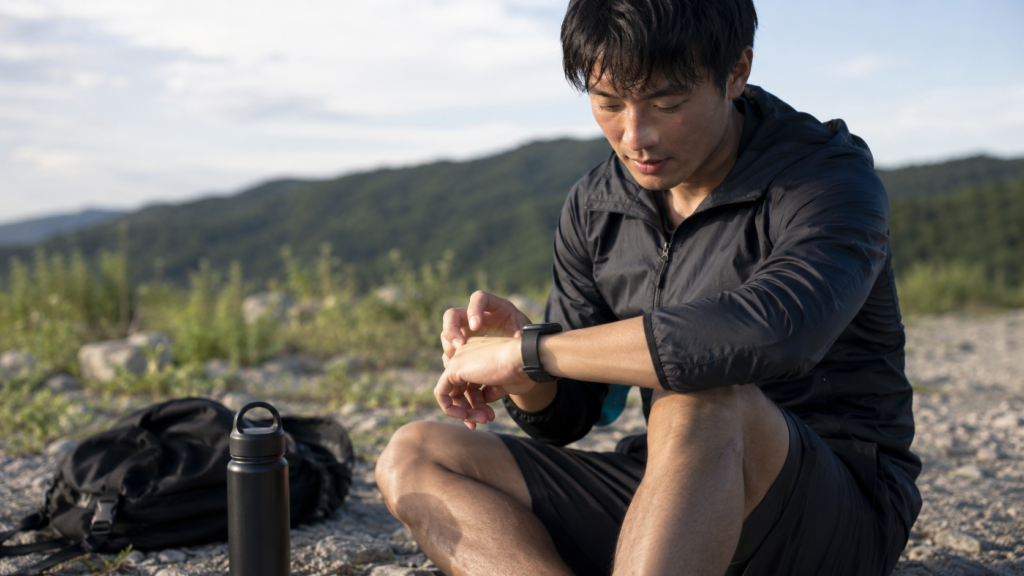 運動後に堅牢なスマートウォッチを着けた日本人アスリート