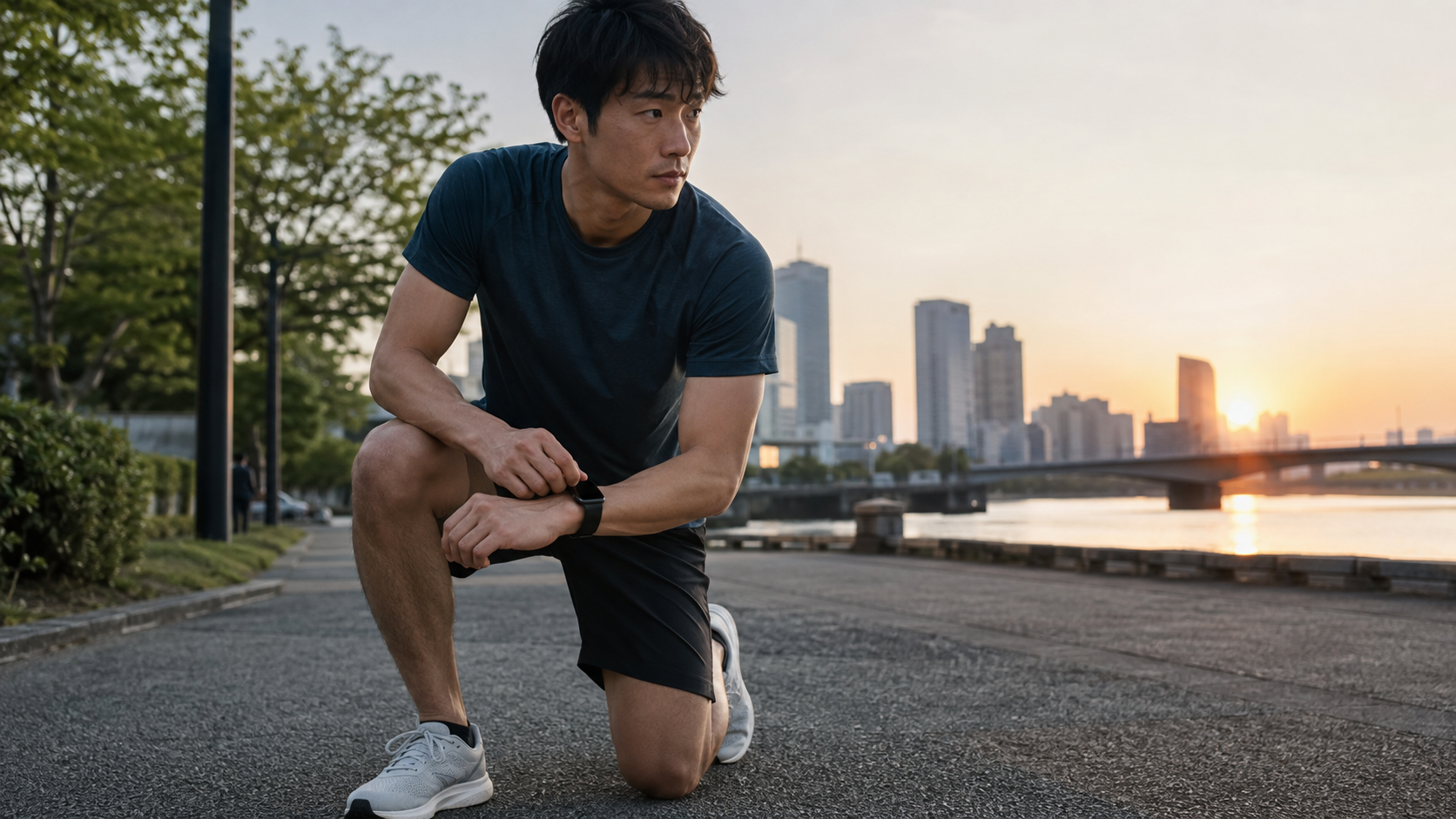早朝のランニング前にスマートウォッチを確認する日本人ランナー