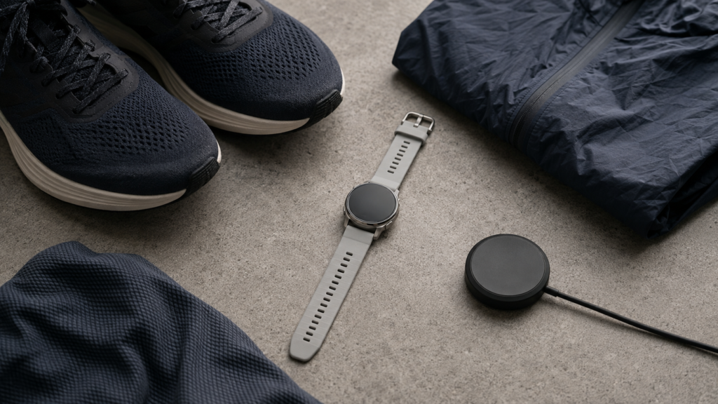 ランニング用品と軽量スマートウォッチを並べた静物