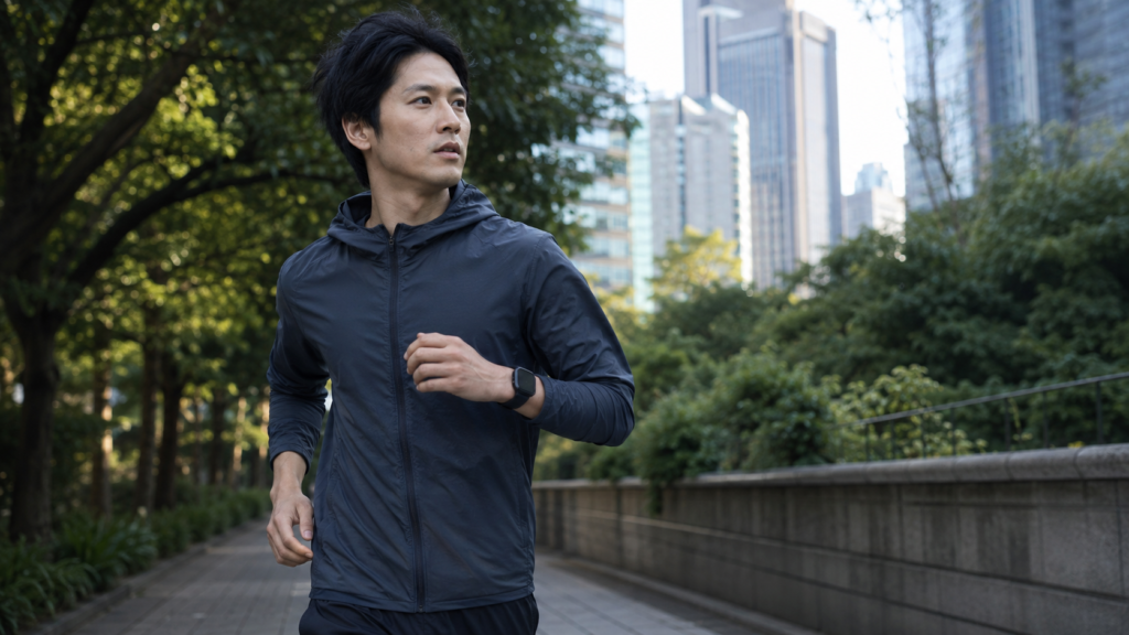 ビルと樹木の間を走るスマートウォッチ着用の日本人ランナー