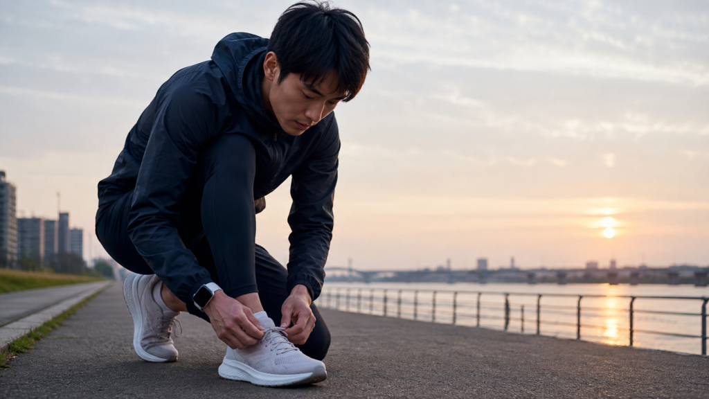 ランニング前に軽量スマートウォッチを着ける日本人ランナー