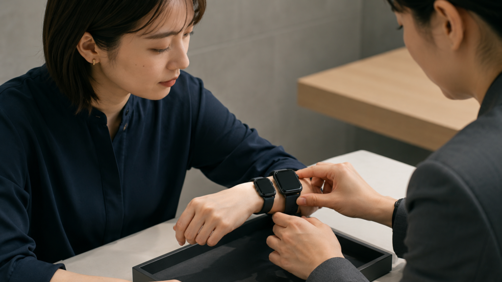 小型と大型のスマートウォッチを手首に当てて比べる日本人女性