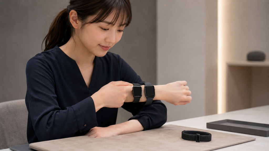 サイズの異なるスマートウォッチを細い手首で比べる日本人女性