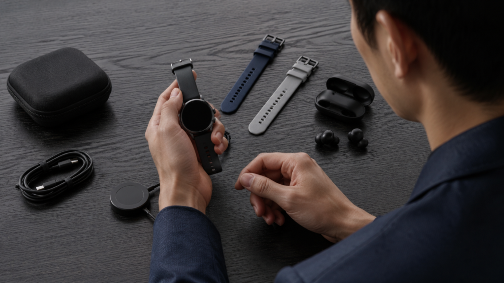 スマートウォッチ本体以外の交換バンドや充電器、イヤホンを並べて確認する場面
