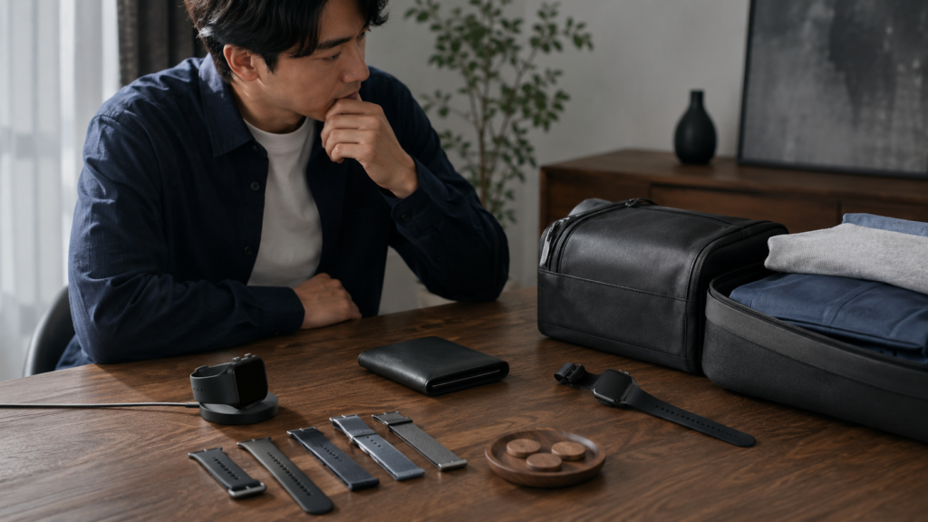 充電中のスマートウォッチと長時間利用向けの時計を周辺用品とともに比べる場面
