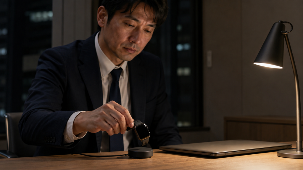 一日の終わりにスマートウォッチを充電器へ戻す日本人