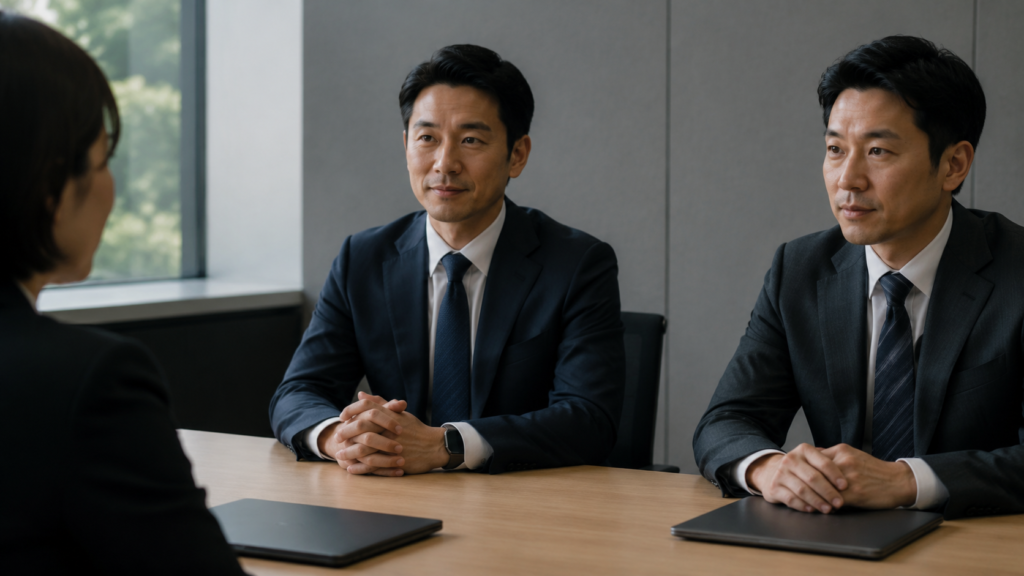 会議中にスマートウォッチを袖口へ自然に収めて通知を控える日本人
