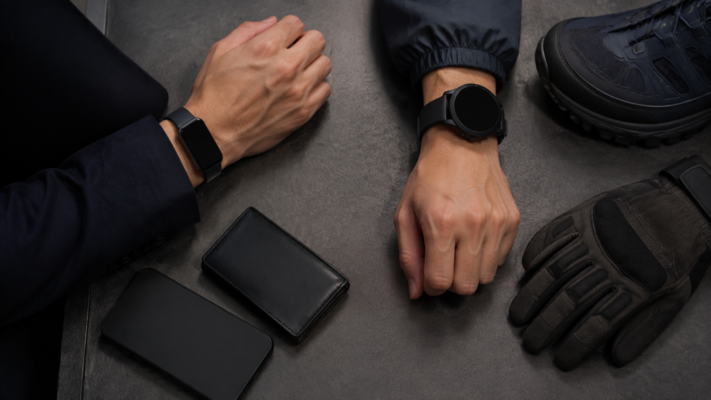 日常連携型とアウトドア型のスマートウォッチを異なる小物とともに比較する場面
