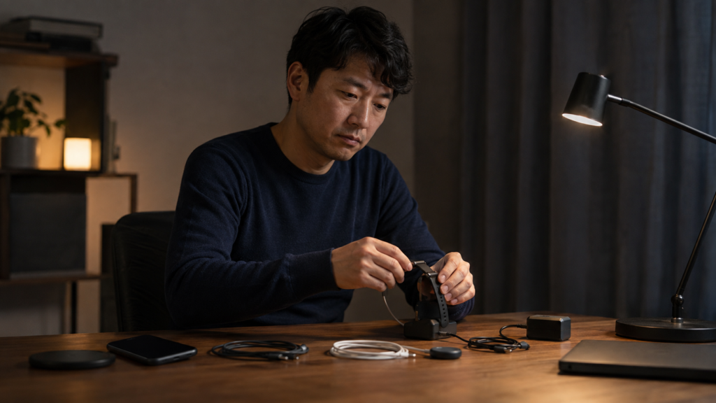 夜の机でスマートウォッチの充電や複数ケーブルの管理に負担を感じる日本人